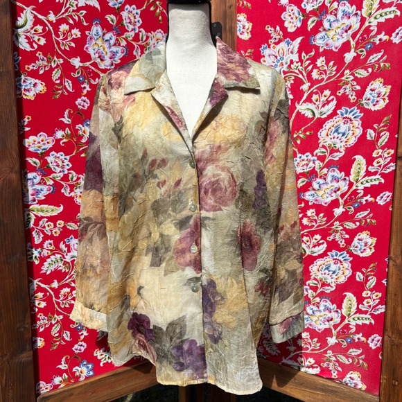 American Vintage Tops - Vintage 90s Crinkle Chiffon Floral Ethereal Whimsigoth Oversize Button Up Blouse